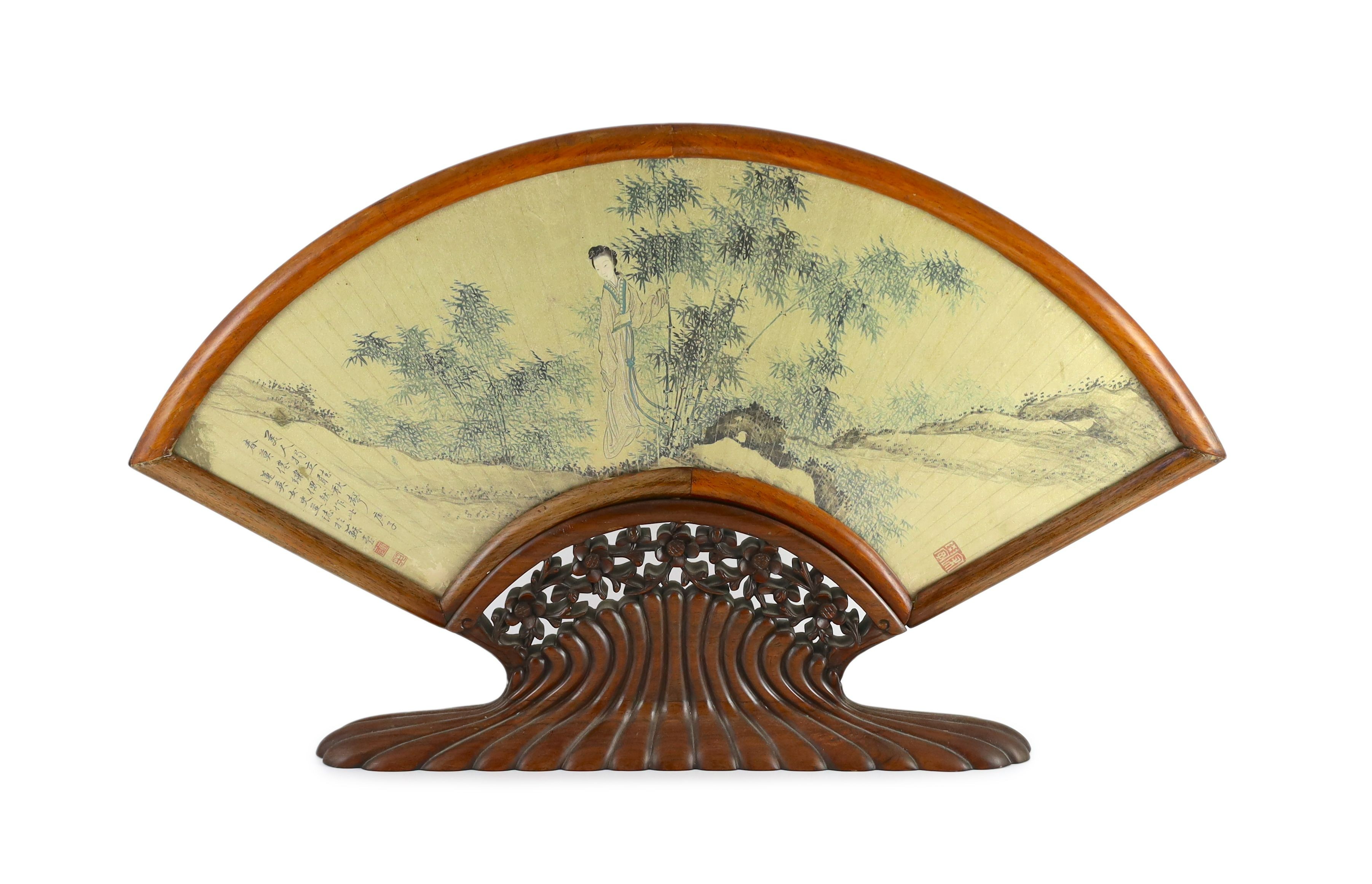 A Chinese painted and inscribed gilt paper fan leaf, 19th century, Total width 56 cm, minor damage